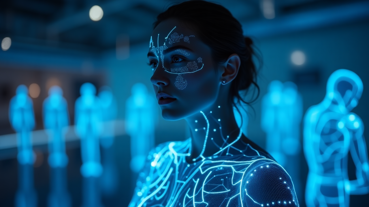 The_StageyActor- A futuristic actor in a motion-capture suit, surrounded by AI holograms analyzing facial expressions and voice, neon blue lighting, cinematic style, ultra HD